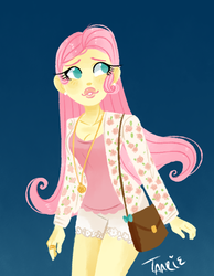 Size: 607x782 | Tagged: safe, artist:endarie, fluttershy, human, g4, alternate hairstyle, female, humanized, jewelry, lineless, necklace, purse, simple background, solo