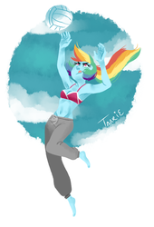 Size: 801x1179 | Tagged: safe, artist:endarie, rainbow dash, human, g4, armpits, belly button, bikini top, clothes, female, humanized, jumping, lineless, midriff, pony coloring, solo, sports bra, sweatpants, tongue out, volleyball