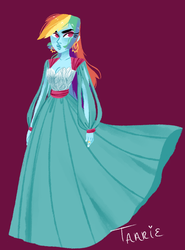 Size: 727x985 | Tagged: safe, artist:endarie, rainbow dash, human, g4, alternate hairstyle, clothes, dress, earring, female, gown, humanized, jewelry, lineless, piercing, pony coloring, rainbow dash always dresses in style, simple background, solo