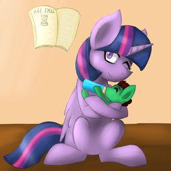 Size: 2000x2000 | Tagged: safe, artist:blairchan231, twilight sparkle, oc, oc:northern haste, alicorn, pony, g4, age regression, baby bottle, book, bottle feeding, commission, female, foal, high res, mama twilight, mare, twilight sparkle (alicorn)