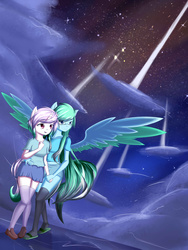 Size: 3000x4000 | Tagged: safe, artist:scynexx, oc, oc only, oc:amaranthine sky, oc:reverie, pegasus, unicorn, anthro, clothes, cloud, colored wings, colored wingtips, cute, female, lesbian, midriff, night, night sky, open mouth, scenery, skirt, sky, smiling, socks, stars, thigh highs