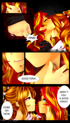 Size: 1099x1920 | Tagged: safe, artist:silvertrash, adagio dazzle, sunset shimmer, equestria girls, g4, biting, comic, female, hickey, i wanna be your pony, lesbian, ship:sunsagio, shipping