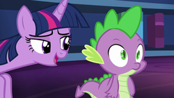 Size: 1280x720 | Tagged: safe, screencap, spike, twilight sparkle, alicorn, pony, g4, what about discord?, bookshelf, female, lidded eyes, mare, out of context, tonight you, twilight sparkle (alicorn)