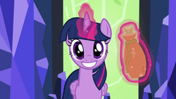 Size: 1280x720 | Tagged: safe, screencap, twilight sparkle, alicorn, pony, g4, season 5, what about discord?, cute, female, grin, looking at you, magic, mare, potion, smiling, solo, telekinesis, twiabetes, twilight sparkle (alicorn)