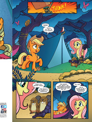 Size: 810x1080 | Tagged: safe, artist:tony fleecs, idw, applejack, fluttershy, beaver, squirrel, friends forever #23, g4, my little pony: friends forever, spoiler:comic, camping, hammer, preview, splendor woods, tent