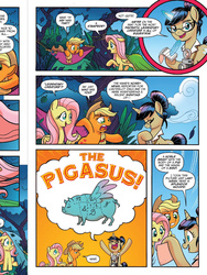 Size: 810x1080 | Tagged: safe, artist:tony fleecs, idw, applejack, fluttershy, nosey news, quill (character), pigasus, friends forever #23, g4, my little pony: friends forever, spoiler:comic, applejack is not amused, camera, hammock, preview, splendor woods, spread wings, wat