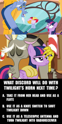 Size: 750x1488 | Tagged: safe, screencap, discord, twilight sparkle, alicorn, pony, g4, three's a crowd, what about discord?, blue flu, female, floppy horn, horn, image macro, mare, meme, question, twilight sparkle (alicorn)