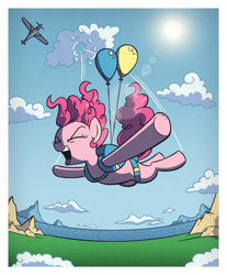 Size: 1050x1270 | Tagged: safe, artist:php104, pinkie pie, earth pony, pony, g4, aircraft, balloon, cloud, eyes closed, falling, female, mare, parachute, sky, skydiving, solo