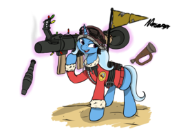 Size: 1125x900 | Tagged: safe, artist:messenger, trixie, pony, unicorn, g4, battle stance, female, looking at you, mare, simple background, soldier, soldier (tf2), solo, team fortress 2, weapon