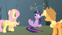 Size: 1366x768 | Tagged: safe, screencap, applejack, fluttershy, twilight sparkle, feeling pinkie keen, g4, butt, circling stars, derp, karma, plot, tongue out