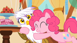 Size: 1366x768 | Tagged: safe, screencap, gilda, pinkie pie, griffon, g4, griffon the brush off, hug