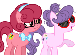 Size: 947x679 | Tagged: safe, artist:magicalgirlfriends, suri polomare, oc, oc:red velvet, g4, alternate hairstyle, bowtie, female, glasses, messy mane, mother and daughter, offspring, older, parent:suri polomare, sunglasses