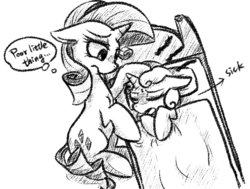 Size: 782x590 | Tagged: safe, artist:phyllismi, rarity, sweetie belle, pony, unicorn, g4, bed, caring for the sick, comforting, mama rarity, monochrome, sick, sickie belle