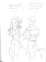 Size: 1043x1398 | Tagged: safe, artist:baron engel, rarity, oc, oc:ardashir, wolf, anthro, g4, abs, grayscale, monochrome, non-mlp oc, pencil drawing, shopping, traditional art, unhappy