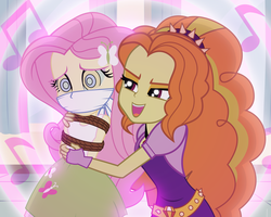 Size: 800x640 | Tagged: dead source, safe, artist:radiantrealm, adagio dazzle, fluttershy, equestria girls, g4, a-domme-gio, bondage, canterlot high, cloth gag, clothes, commission, duo, female, femsub, fingerless gloves, fluttersub, gag, gloves, hypnoshy, hypnosis, hypnotized, kaa eyes, music notes, open mouth, ropes, show accurate, singing, skirt, spikes, submissive, tank top, tied up