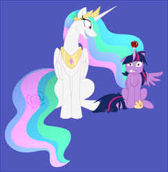 Size: 818x842 | Tagged: safe, artist:miz-jynx, princess celestia, twilight sparkle, alicorn, pony, g4, apple, female, food, gritted teeth, horn, horn guard, horn impalement, laughing, mare, simple background, sitting, trollestia, twilight sparkle (alicorn)