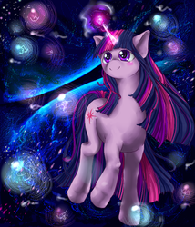 Size: 600x700 | Tagged: safe, artist:darkmewmewsun, twilight sparkle, pony, unicorn, g4, blushing, female, smiling, solo, space, unicorn twilight