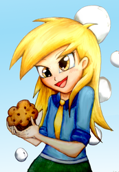 Size: 1440x2083 | Tagged: safe, artist:hiro-uzumaki, derpy hooves, equestria girls, g4, female, food, humanized, muffin, open mouth, solo, traditional art