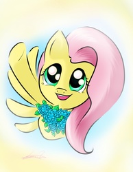 Size: 1024x1318 | Tagged: safe, artist:freeedon, fluttershy, pegasus, pony, g4, bouquet, bust, female, flower, holding, looking up, mare, one wing out, open mouth, portrait, reaching, smiling, solo, spread wings, waving, wings