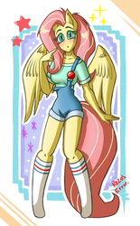 Size: 2300x3700 | Tagged: safe, artist:rezuserror, fluttershy, anthro, g4, clothes, dungarees, female, high res, shirt, socks, solo