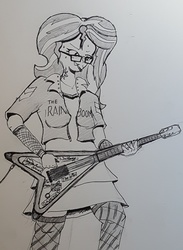 Size: 2683x3657 | Tagged: safe, artist:missmayaleanne, sunset shimmer, g4, cigarette, clothes, female, flying v, glasses, grayscale, guitar, high res, monochrome, music, smoking, solo, stockings, tattoo, traditional art
