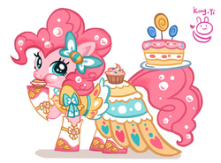 Size: 1024x756 | Tagged: safe, artist:kongyi, pinkie pie, g4, cake, candy, clothes, cupcake, dress, eating, female, food, lollipop, looking at you, macaron, plate, simple background, solo, white background