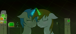 Size: 1271x582 | Tagged: safe, artist:corpselucefer, oc, oc only, oc:homage, oc:littlepip, pony, unicorn, fallout equestria, eyes closed, fan, fanfic, fanfic art, female, floppy ears, glowing horn, horn, lesbian, magic, mare, microphone, oc x oc, ship:pipmage, shipping, smiling, terminal