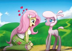 Size: 1370x976 | Tagged: safe, artist:the-butch-x, fluttershy, pom (tfh), lamb, sheep, them's fightin' herds, equestria girls, g4, boots, clothes, community related, crossover, duo, female, heart, kneeling, looking at each other, open mouth, scared, signature, skirt, socks, tank top