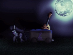 Size: 960x720 | Tagged: safe, artist:marylinnblack, octavia melody, earth pony, pony, g4, cart, cello, coffin, female, full moon, hair over eyes, moon, musical instrument, night, sad, solo