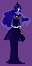 Size: 985x2018 | Tagged: safe, artist:endarie, princess luna, human, g4, alternate hairstyle, clothes, dress, female, gown, humanized, simple background, solo