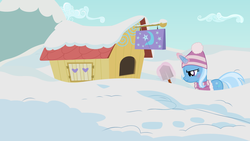 Size: 1280x720 | Tagged: safe, artist:agrol, trixie, pony, unicorn, g4, clothes, female, glowing horn, hat, horn, magic, scarf, shovel, snow, solo, telekinesis, trixie's wagon, wagon, winter, youtube link