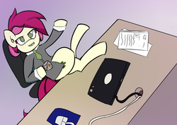 Size: 3052x2166 | Tagged: safe, artist:davierocket, roseluck, earth pony, pony, g4, business suit, coffee mug, computer, crossed legs, desk, female, grin, high res, laptop computer, mare, sitting, solo