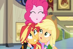 Size: 720x480 | Tagged: safe, applejack, pinkie pie, sunset shimmer, equestria girls, g4, my little pony equestria girls: friendship games, applejack the anti-shipper, female, lesbian, now kiss, ship:appleshimmer, shipper on deck, shipping