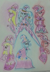 Size: 748x1068 | Tagged: safe, artist:lizzyisme, fuchsia blush, lavender lace, trixie, pony, equestria girls, g4, my little pony equestria girls: rainbow rocks, background human, equestria girls ponified, female, ponified, traditional art, trixie and the illusions