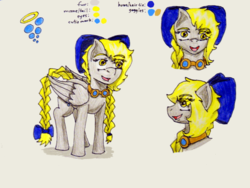 Size: 800x603 | Tagged: safe, artist:ripjaws-girl21, oc, oc only, oc:angel eyes, bow, braid, braided tail, cross-eyed, cutie mark, goggles, hair bow, offspring, parent:derpy hooves, parent:doctor whooves, parents:doctorderpy, reference sheet, simple background, solo, tail bow, traditional art, white background
