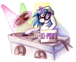 Size: 3091x2550 | Tagged: safe, artist:cihiiro, dj pon-3, vinyl scratch, g4, computer, drawing, female, high res, laptop computer, magic, simple background, solo, telekinesis, traditional art, transparent background