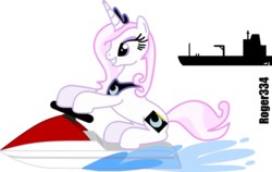 Size: 1024x646 | Tagged: safe, artist:roger334, fleur-de-lis, pony, unicorn, g4, action, crown, escape, female, jet ski, jewelry, mare, regalia, ship, simple background, smiling, solo, stuntmare, transparent background, water