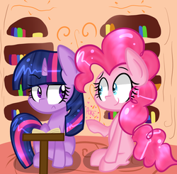 Size: 1631x1600 | Tagged: dead source, safe, artist:artypaints, pinkie pie, twilight sparkle, earth pony, pony, unicorn, g4, book, duo