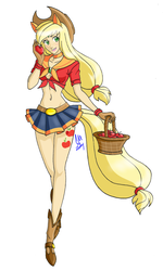 Size: 1066x1777 | Tagged: safe, artist:carteraug21, applejack, human, g4, belly button, boots, cleavage, clothes, cowboy hat, denim skirt, eared humanization, female, front knot midriff, hat, humanized, light skin, midriff, miniskirt, sailor moon (series), skirt, solo, stetson, tailed humanization