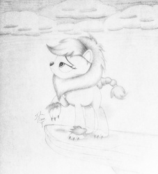 Size: 768x846 | Tagged: safe, artist:theasce, applejack, g4, scare master, applelion, clothes, costume, female, monochrome, nightmare night, solo, traditional art