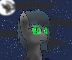 Size: 1200x1000 | Tagged: safe, artist:eclipsepenumbra, oc, oc only, oc:eclipse penumbra, bat pony, pony, fangs, female, glowing eyes, green eyes, looking at you, moon, night, night sky, smiling