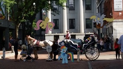 Size: 1043x587 | Tagged: safe, artist:anxet, artist:calumoninc, artist:kooner-cz, artist:thedoubledeuced, derpy hooves, fluttershy, rainbow dash, horse, human, g4, baby carriage, boston, building, car, carriage, faneuil hall marketplace, flag, floating, flower, horse-pony interaction, irl, irl horse, photo, ponies in real life, tree, vector