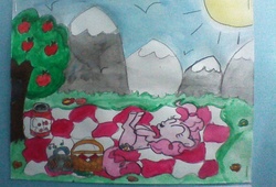 Size: 1024x697 | Tagged: safe, artist:janob23, pinkie pie, g4, apple tree, boombox, female, laughing, picnic, solo, traditional art, tree