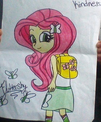 Size: 586x706 | Tagged: safe, artist:janob23, fluttershy, equestria girls, g4, backpack, clothes, female, skirt, solo, traditional art