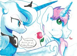 Size: 1682x1239 | Tagged: safe, artist:darkflame75, princess luna, oc, oc:gyro tech, pony, unicorn, g4, canon x oc, denied, heart, heartbreak, rose, shipping, slap, traditional art