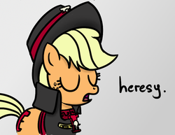 Size: 758x584 | Tagged: safe, artist:miketheuser, edit, editor:closed bracket, applejack, earth pony, pony, g4, clothes, colored, crossover, dialogue, eyes closed, female, gray background, hat, heresy, imperium, inquisition, inquisitor, mare, open mouth, reaction image, simple background, solo, warhammer (game), warhammer 40k