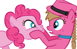 Size: 1024x656 | Tagged: safe, pinkie pie, oc, g4, freckles, hat, necklace, ponytail, squishy cheeks