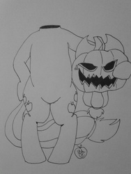 Size: 960x1280 | Tagged: safe, artist:notenoughapples, applejack, headless horse, pony, semi-anthro, g4, applejack-o-lantern, bipedal, female, headless, jack-o-lantern, monochrome, pumpkin, pumpkinjack, solo, traditional art