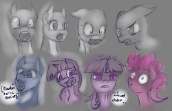 Size: 1379x889 | Tagged: safe, artist:post-it, pinkie pie, twilight sparkle, g4, angry, colored sketch, nose wrinkle, scared, scrunchy face, shocked, sketch, sketch dump
