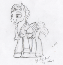 Size: 1777x1825 | Tagged: safe, artist:stagetechyart, wind rider, pegasus, pony, g4, rarity investigates, male, monochrome, sketch, smiling, solo, traditional art